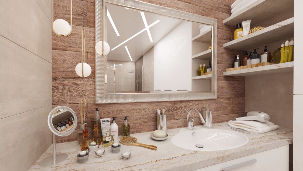 Визуализация ванной комнаты в белых тонах 8 кв.м, зеркало, золотые подвесные светильники, полки, раковина, столешница под мрамор