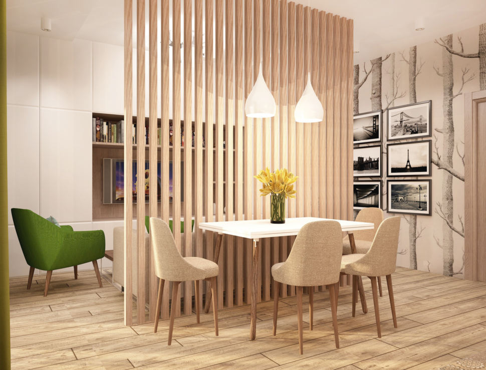 Дизайн интерьера кухни-гостиной в бежевых тонах с зеленными оттенками 28 кв.м, белый обеденный стол, бежевые стулья