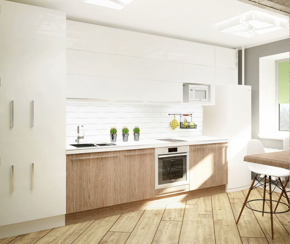 Дизайн кухни 11 кв.м в светлых тонах, бело-бежевый кухонный гарнитур, белый холодильник, микроволновка, плитка керамическая