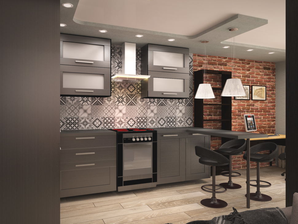 Дизайн-проект кухни- гостиной в темных тонах 14 кв.м, серая плитка с орнаментом, черный кухонный гарнитур