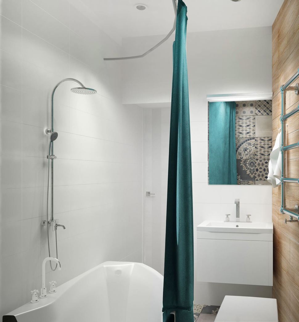 Дизайн ванной комнаты 4 кв.м с бирюзовыми акцентами, раковина, зеркало, асимметричная ванна, шторка акцентного цвета