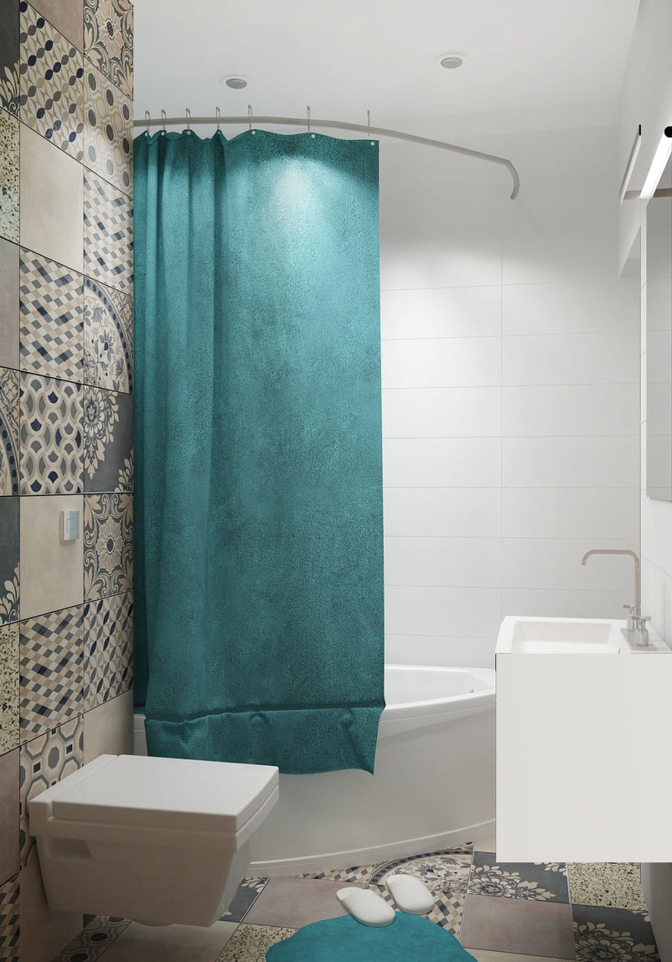 Визуализация ванной комнаты 4 кв.м в зеленых тонах, унитаз, раковина, ванная