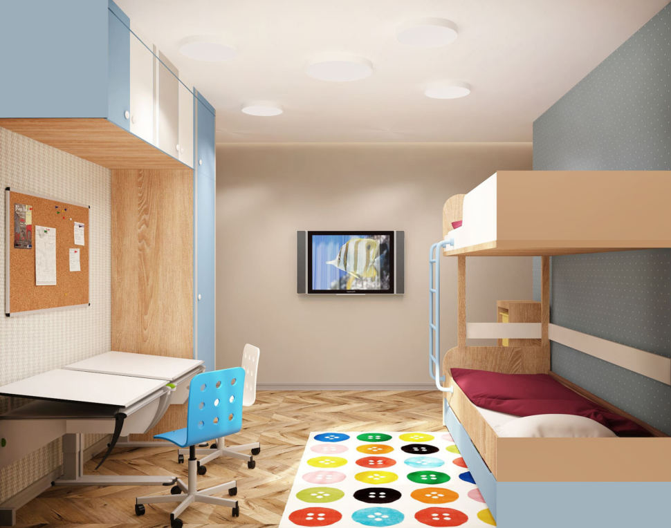 Дизайн интерьера детской комнаты в теплых тонах 15 кв.м, рабочий стол, голубой и белый офисный стул, голубой шкаф