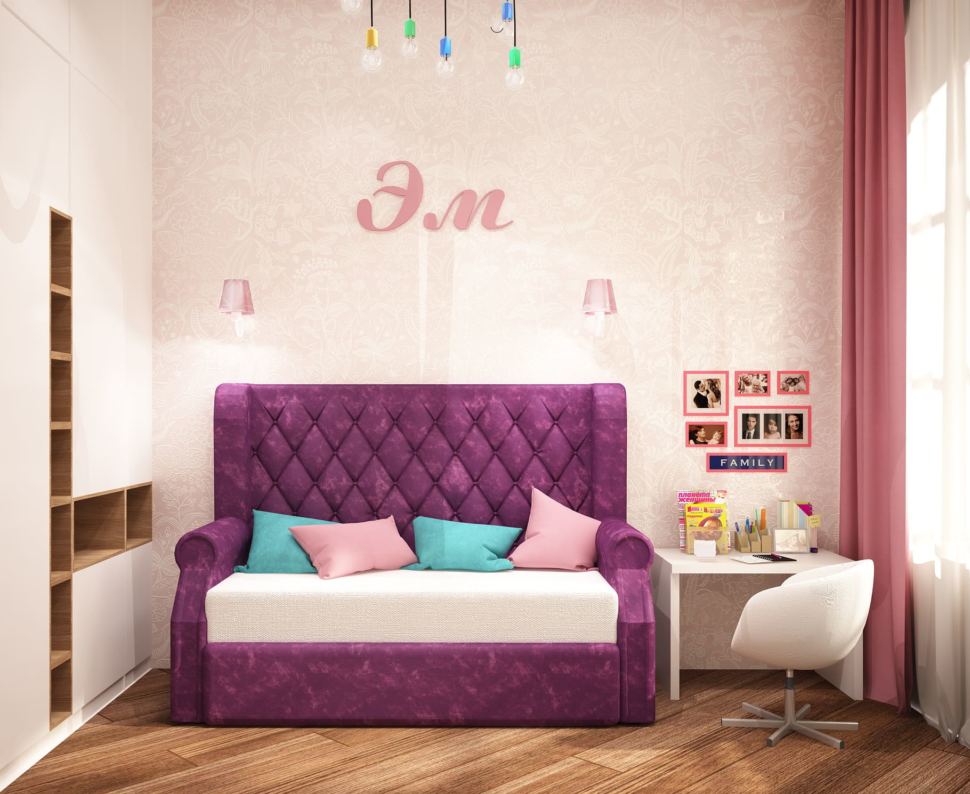 Дизайн детской для девочки 13 кв.м в розовых тонах, стол, кресло, диван, подвесная люстра