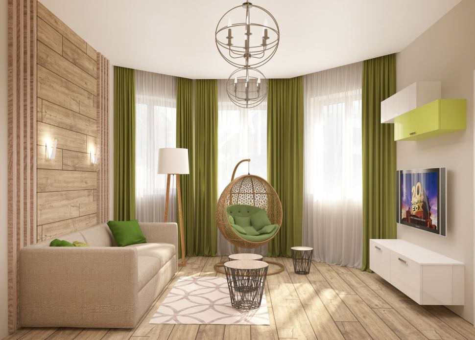 Визуализация гостевой 15 кв.м в зеленых тонах, подвесное кресло, бежевый диван, белая тумба под ТВ, шкафчики