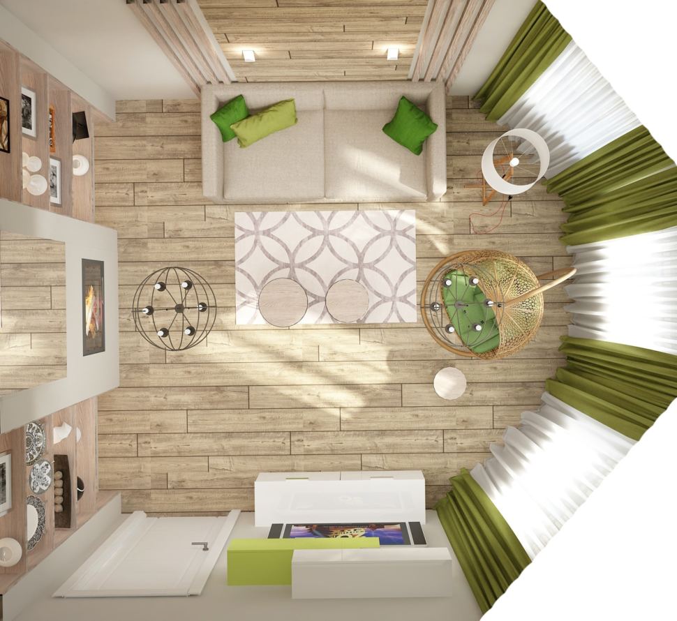 Дизайн гостевой 15 кв.м с зеленными акцентами, камин, диван,журнальные столики, кресло, ковер, паркет, бруски