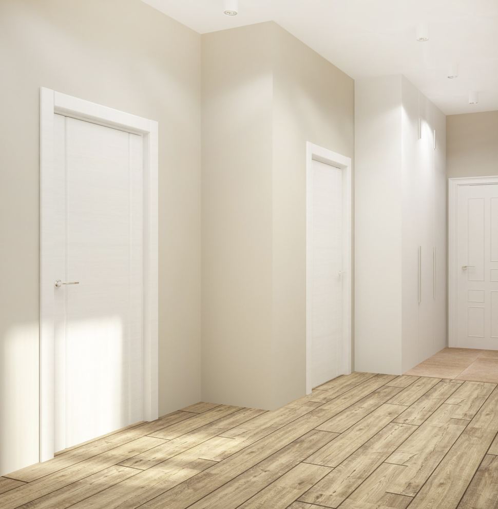 Дизайн коридора 8 кв.м в белых тонах, межкомнатные двери, белый шкаф