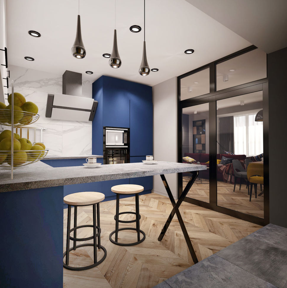Дизайн-проект кухни в синих тонах 15 кв.м, бежевые барные стулья, холодильник, потолочные светильники, синий кухонный гарнитур
