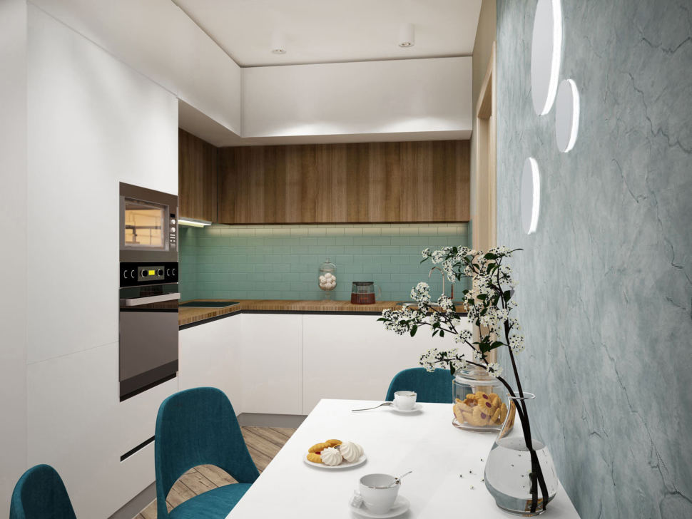 Дизайн-проект кухни-гостиной в серых тонах 12 кв.м, белый обеденный стол, бирюзовые стулья, белый кухонный гарнитур