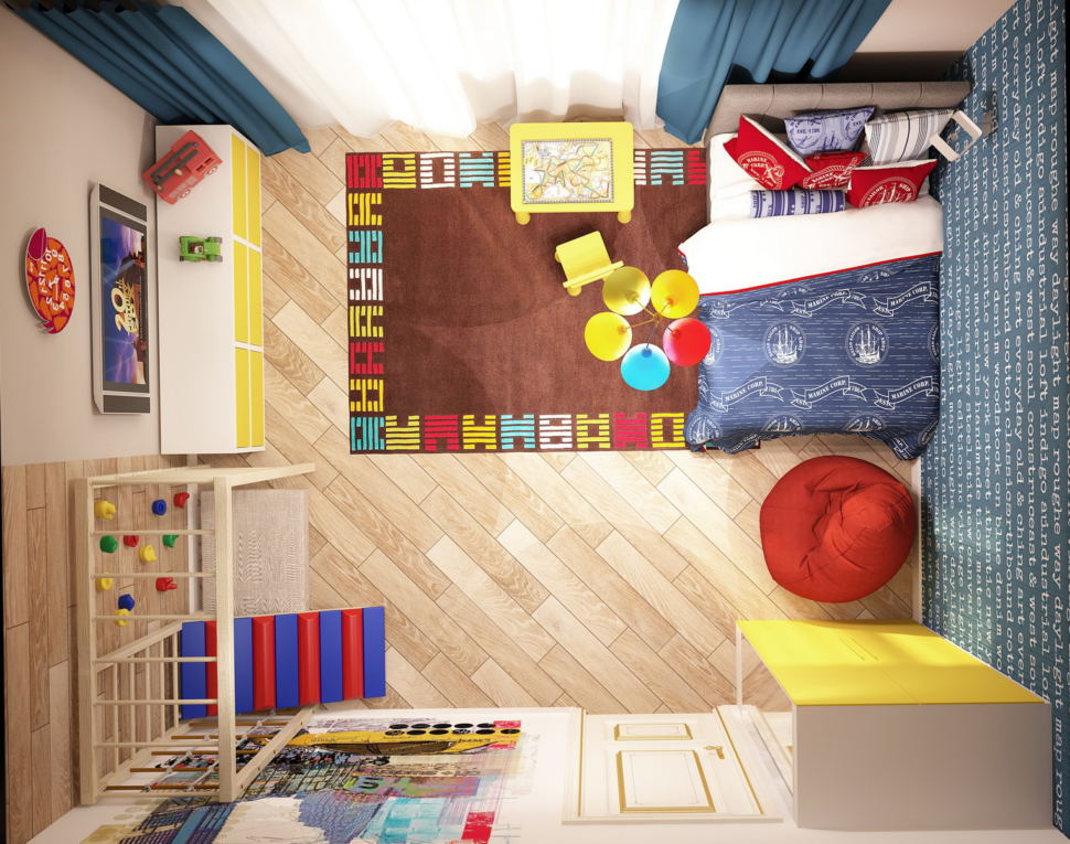 Интерьер комнаты для мальчика 19 кв.м в теплых тонах, кровать, тумба, шведская стенка, желтый шкаф, бежевый паркет