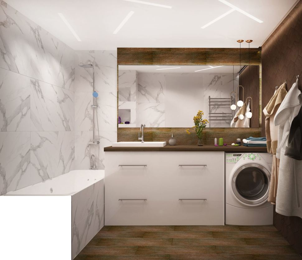 Дизайн интерьера ванной комнаты в белых и древесных тонах 6 кв.м, стиральная машинка, белая тумба, ванна, белая плитка под мрамор