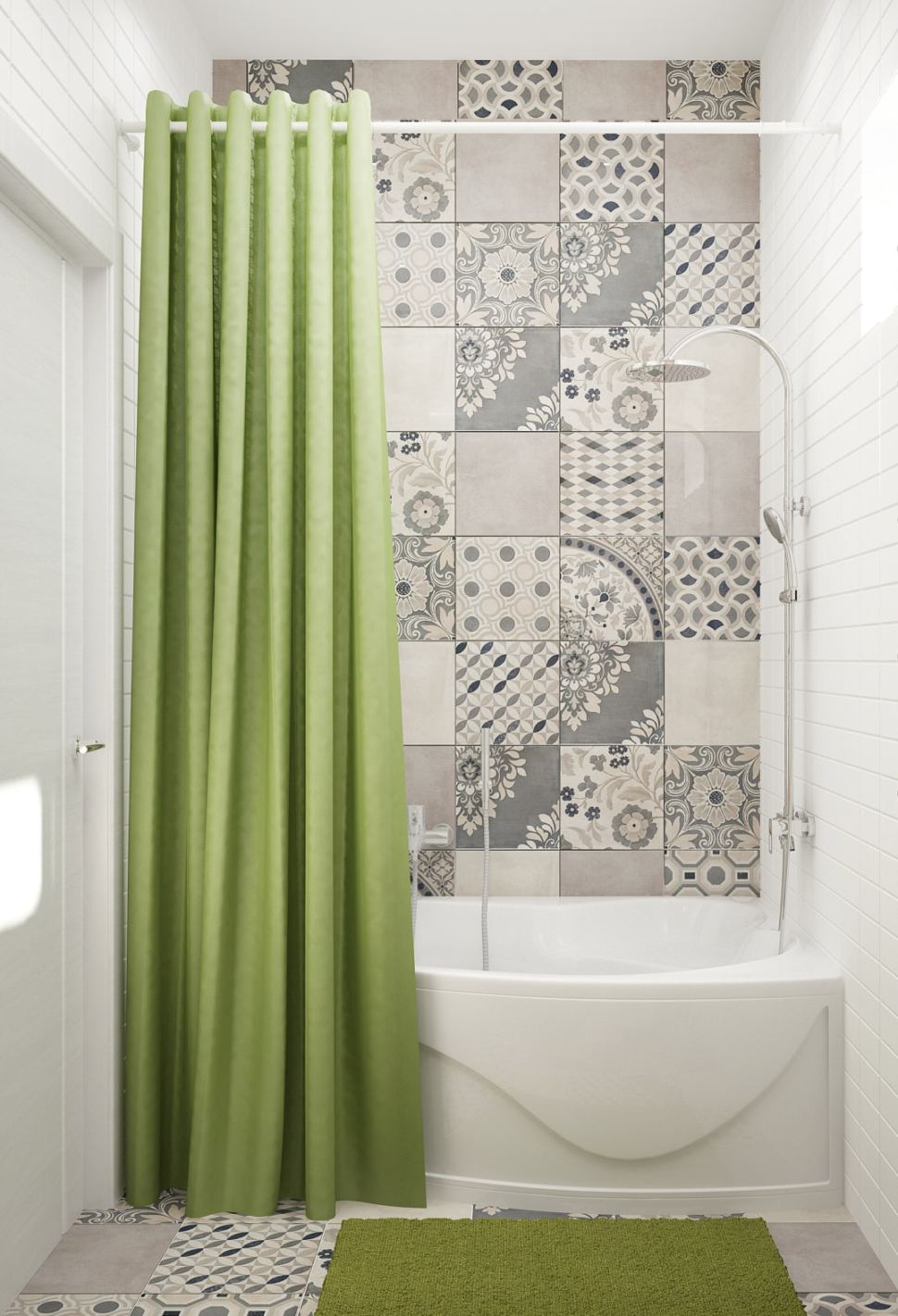Визуализация ванной комнаты 5 кв.м в теплых тонах, ванная, душ, керамическая плитка, орнамент