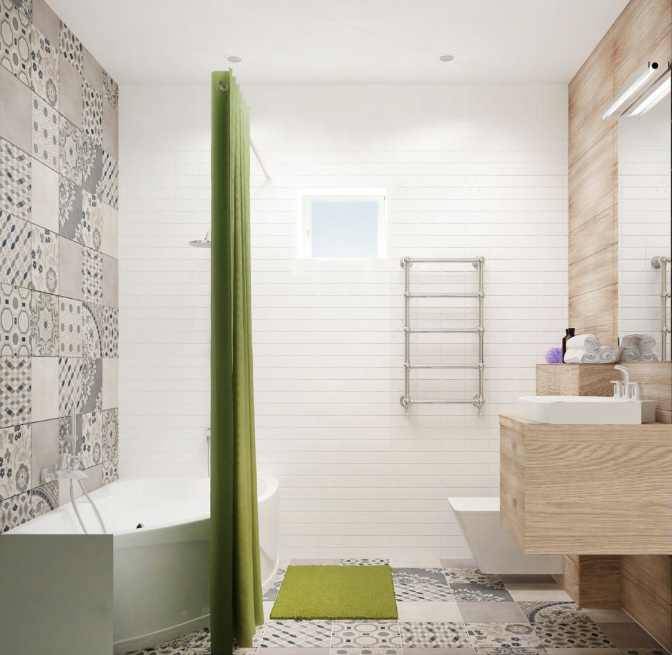 Дизайн ванной комнаты 5 кв.м с зеленными оттенками, раковина, зеркало, полотенцесушитель, ванная, керамический гранит