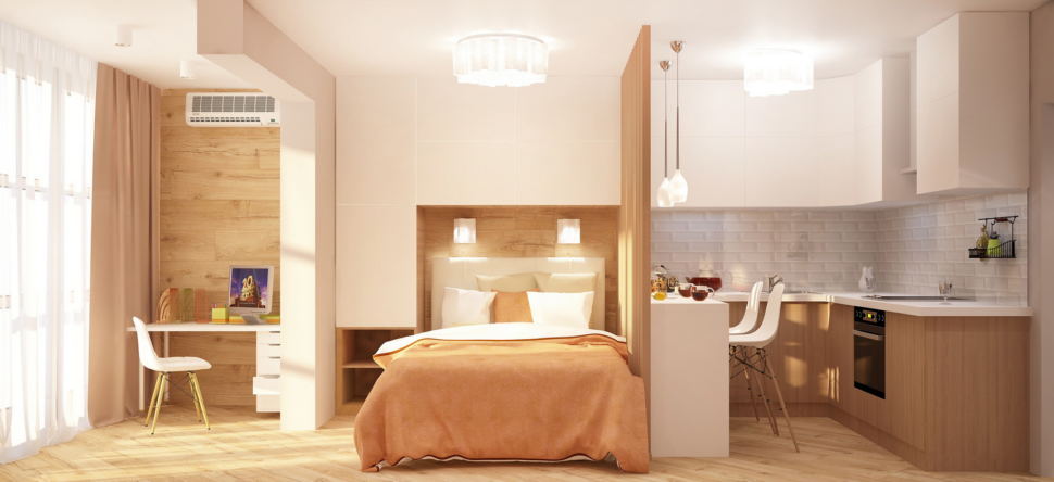 Дизайн комнаты 19 кв.м в теплых оттенках, рабочий стол, шкаф над кроватью, кровать, кухонный гарнитур, декоративная перегородка