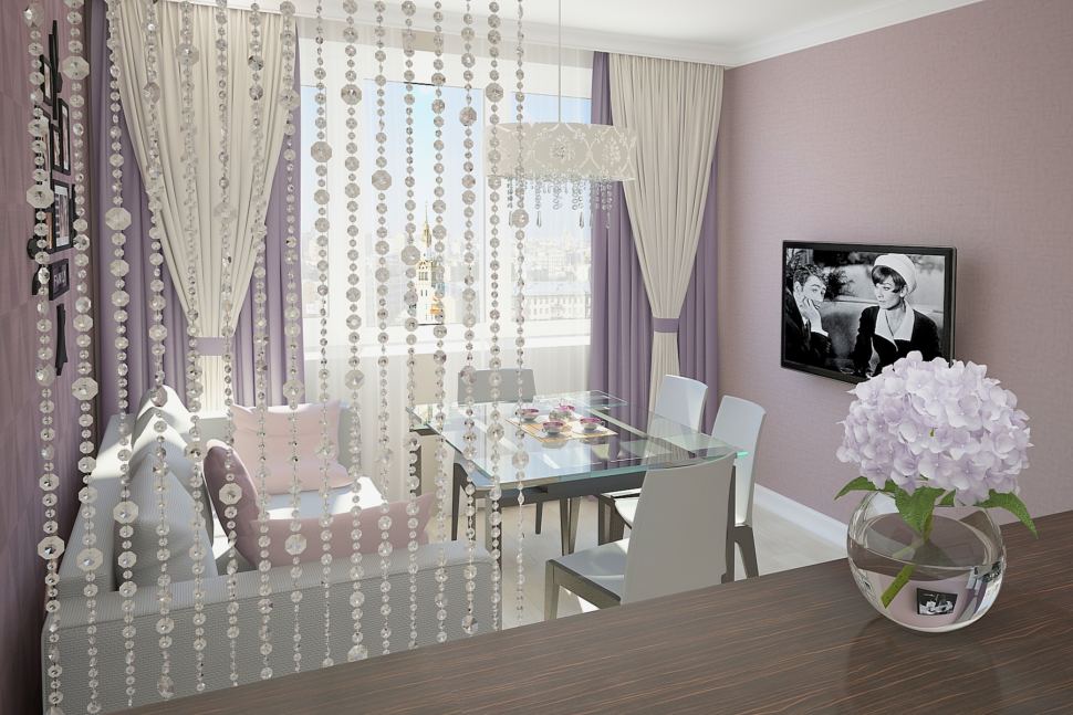 Визуализация комнаты 30 кв.м в бежевых тонах с нежно-фиолетовыми акцентами, обеденный стол, телевизор, диван, штора - перегородка