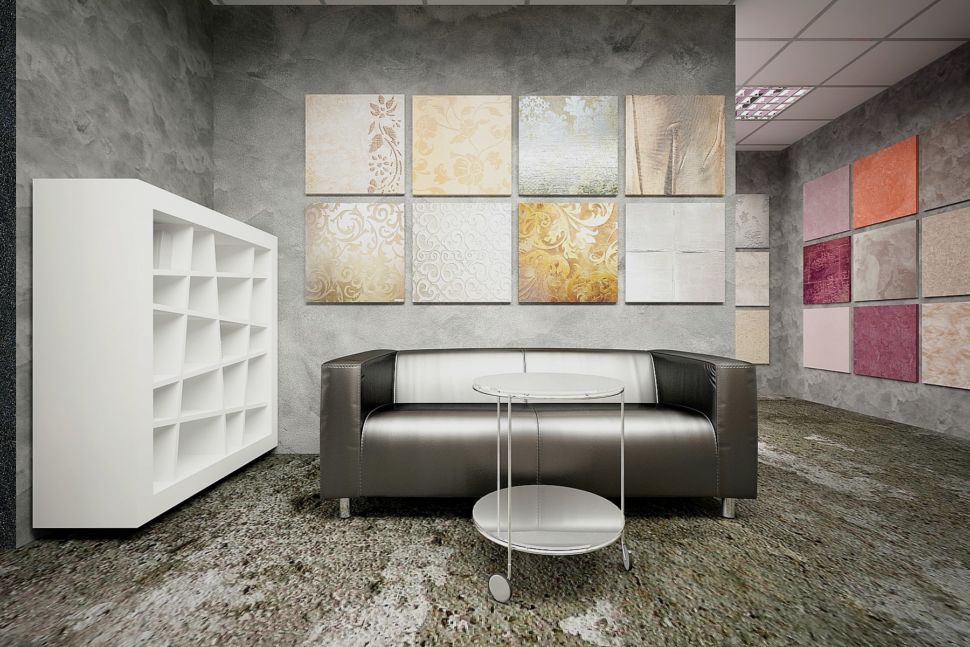 Визуализация торгового помещения 60 кв.м в серых оттенках с акцентами, журнальный столик, белый стеллаж, черный диван, декор