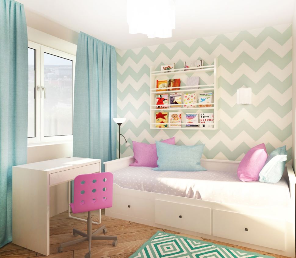 Визуализация спальни девочки 7 кв.м в нежных оттенках, декоративные обои, элементы декора, портьеры голубые, кровать, кушетка, стол, пвх плитка