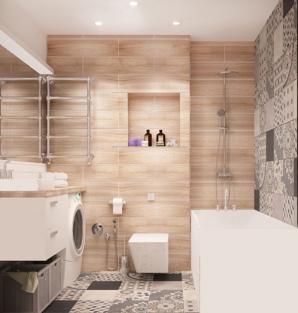 Проект ванной комнаты 4 кв.м в теплых оттенках, керамическая плитка под дерево, орнамент, мойка, ванна, полочки-ниши